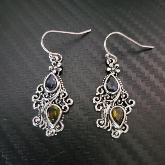 Floral filagree boho sliver tone earrings w/ blue & yellow teardrop rhinestones - Picture 3 of 5
